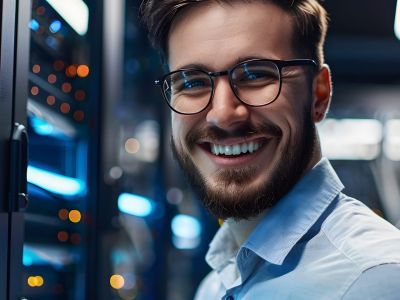 uomo con sfondo server